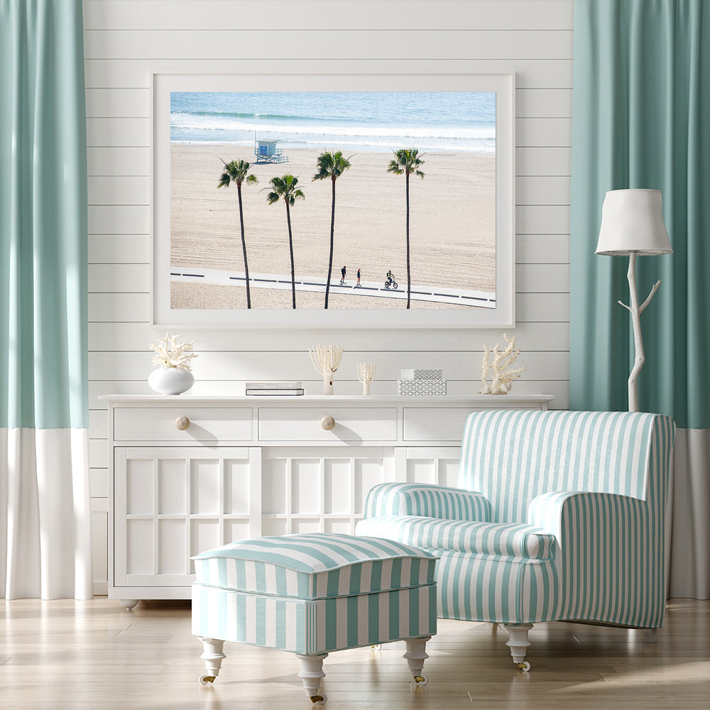 hanging print of santa monica beach and the bike path palm trees and lifeguard hut
