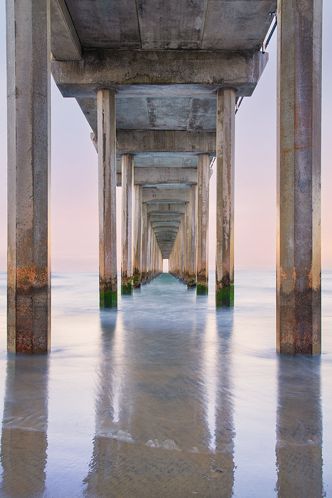 Early morning sunlight under scripps pier california