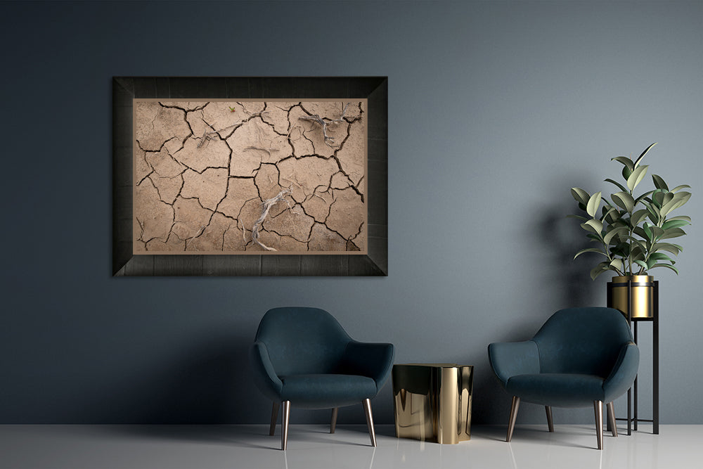 Framed cracked clay bed from an overhead view