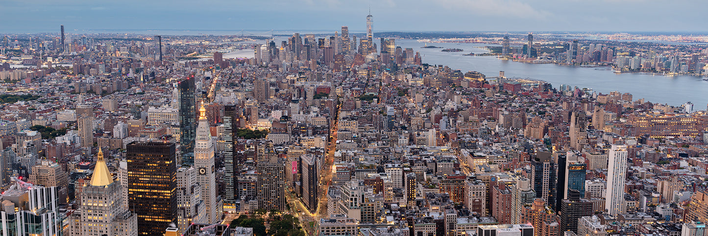Panoramic view of midtown manhattan from top of the empire state building before sunrise