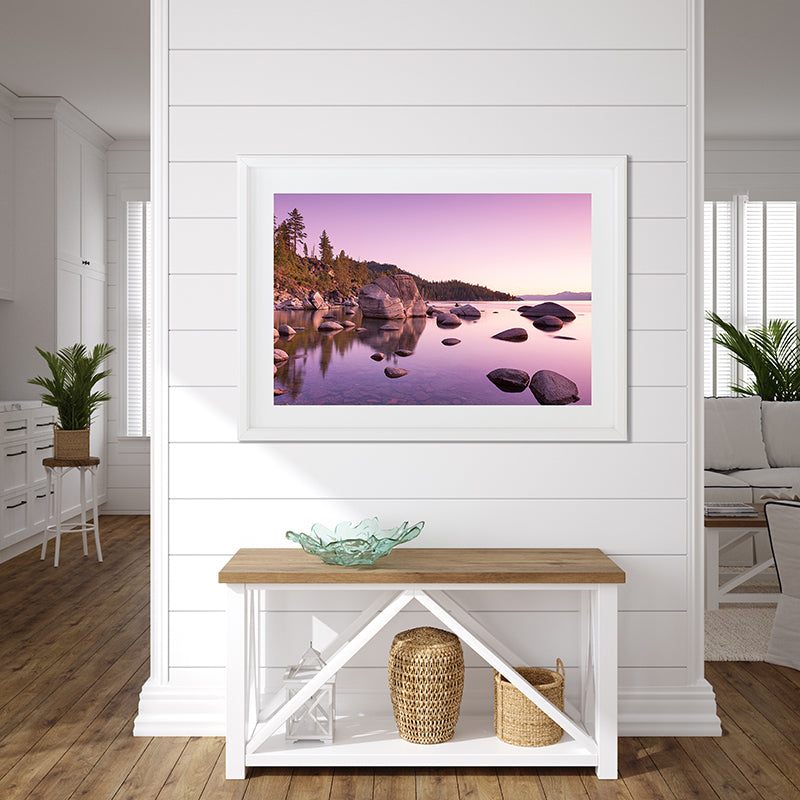 Framed print of bonsai rock at dawn in lake tahoe
