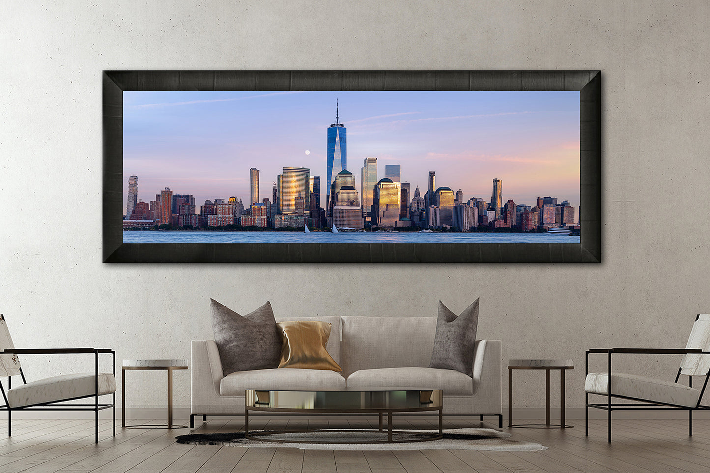 The moon rising up over a panoramic view of Manhattan at sunset