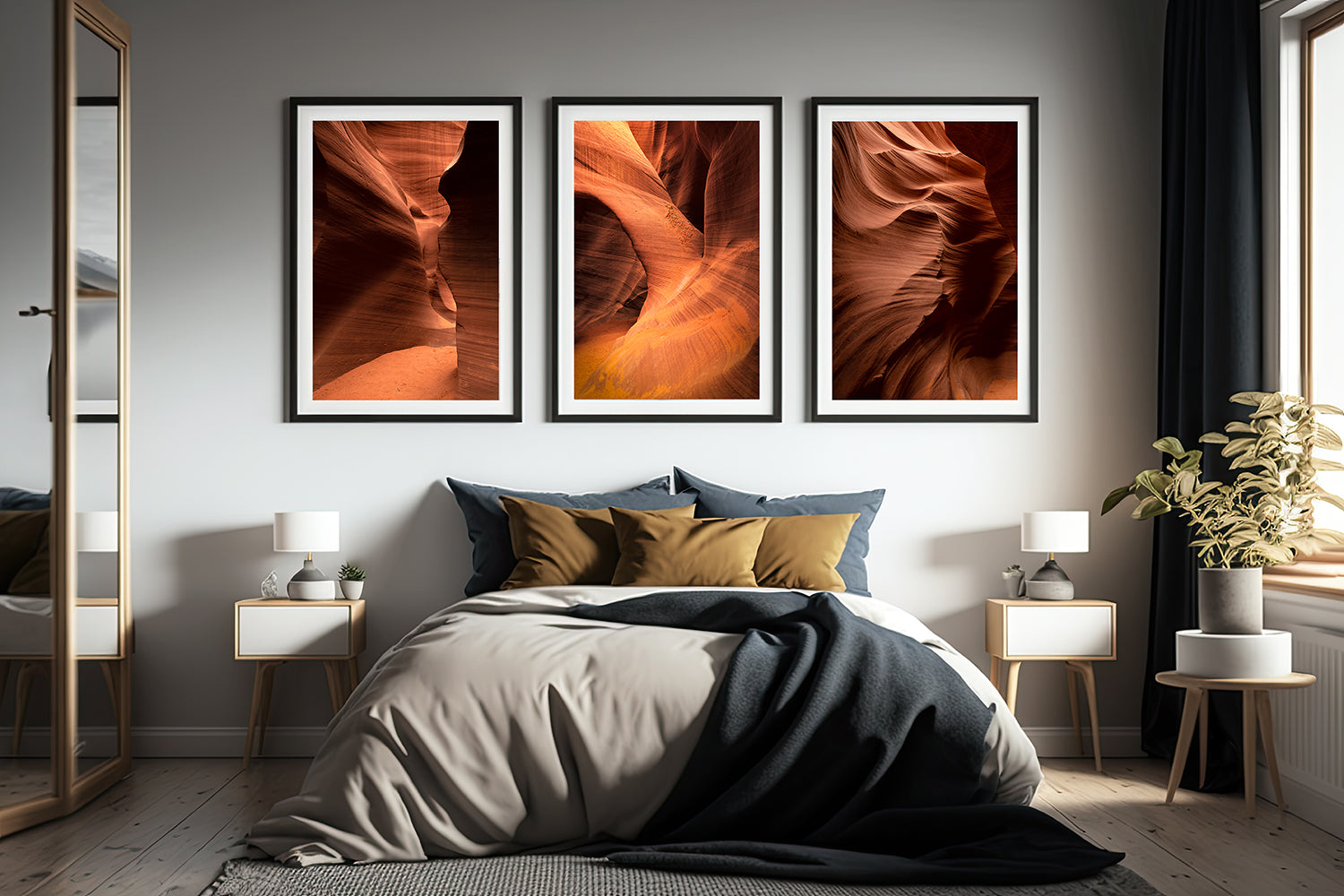 3 large prints hanging on wall in bedroom of  antelope canyon arizona