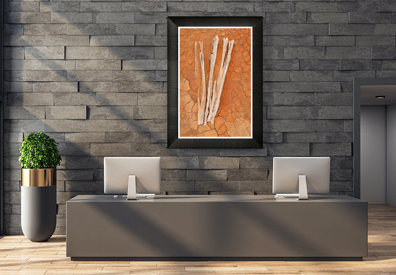 Framed print of dry creek bed with worn sticks