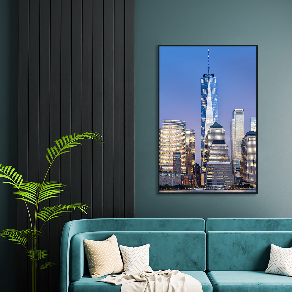 One World Trade Center framed print handing over sofa