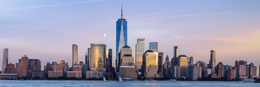 panoramic view over manhattan with evening moonrise