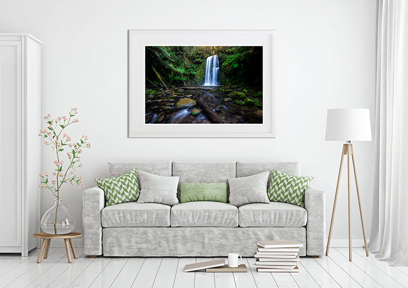 Framed print hangover sofa of Beauchamp Falls in the rainforest of Otway National Park