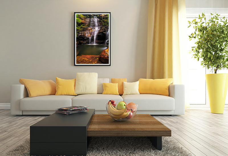 Framed print of a waterfall inside the blue mountains now