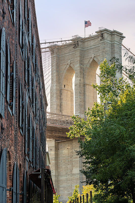 Late afternoon sun against the Brooklyn Bridge Tower in Brooklyn